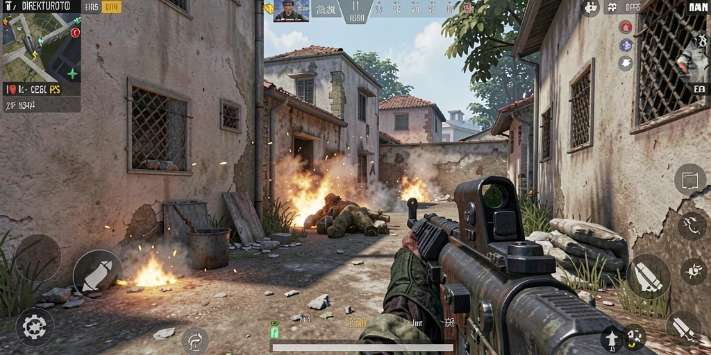 Screenshot utama menunjukkan aksi menegangkan dalam game FPS DIREKTURTOTO.
