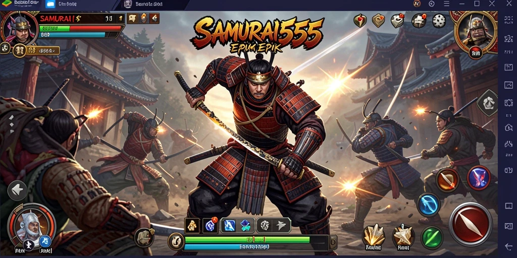 Tampilan gameplay <strong>SAMURAI555</strong> menampilkan pertarungan samurai yang mendebarkan.