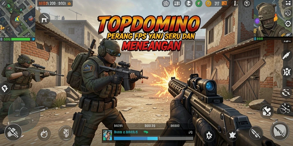 Screenshot gameplay dari TOPDOMINO yang menunjukkan aksi tembak-menembak yang intens.